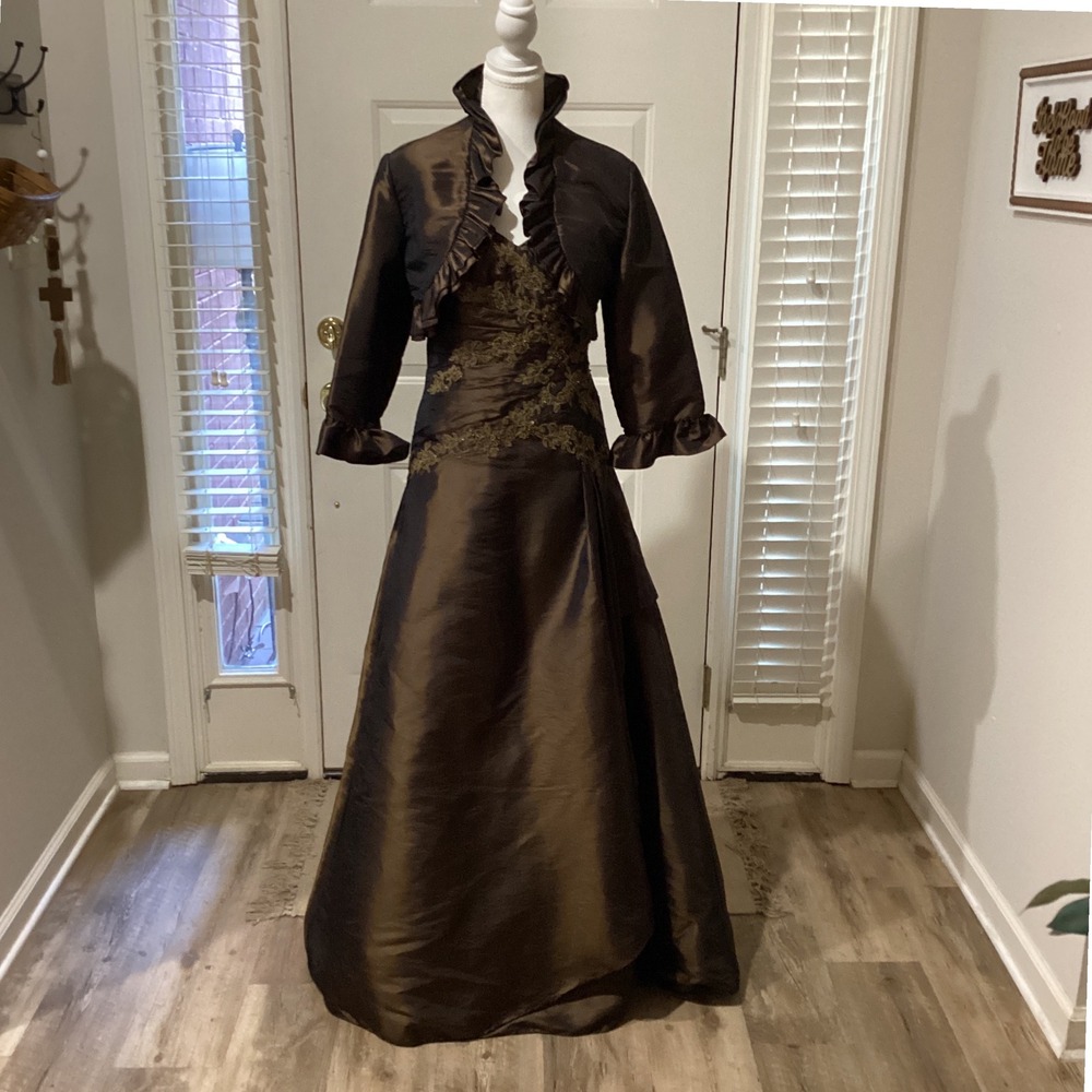 Jade Couture Metallic Bronze Luminous Taffeta Formal Gown & Bolero Set - Size 4